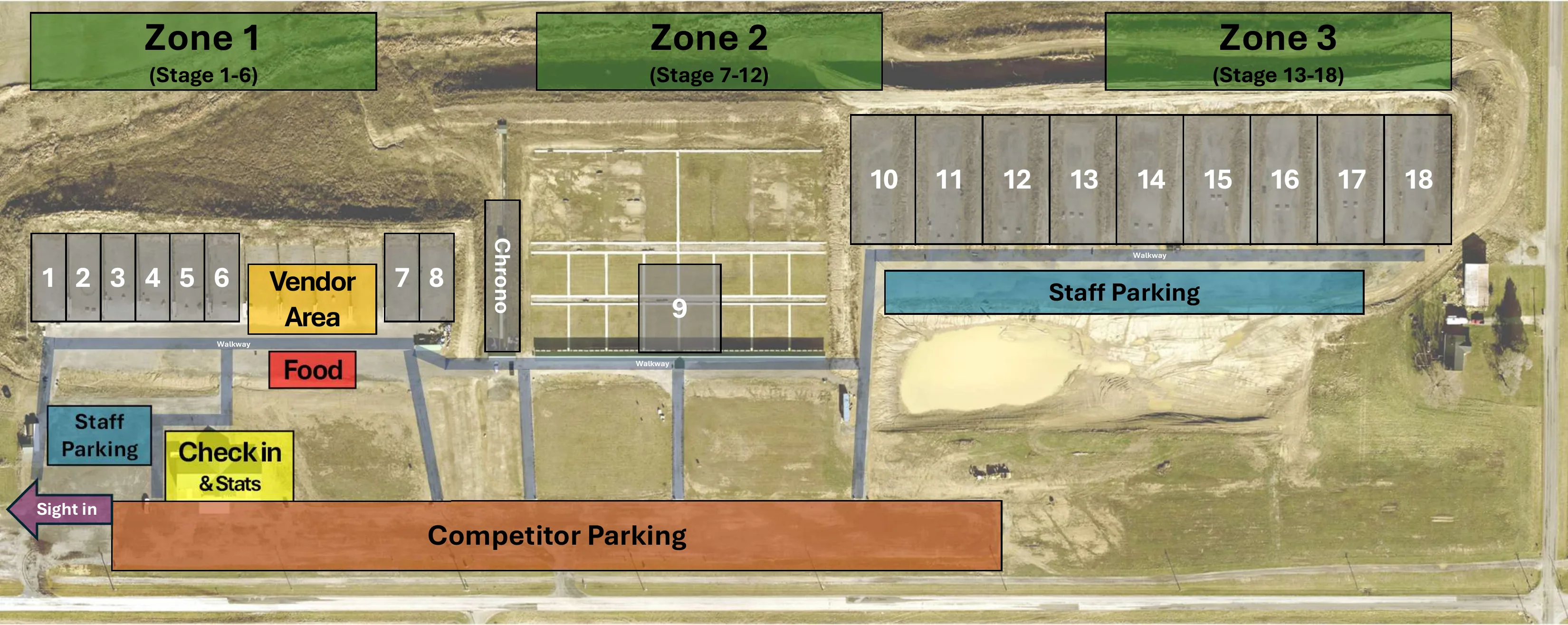 Cardinal Shooting Center range layout: 18 bays in three zones, with chrono, vendor area, check-in and parking